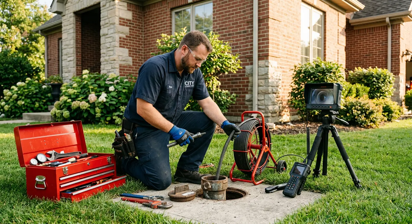 Sewer specialist with camera equipment servicing a cleanout in Tuttle