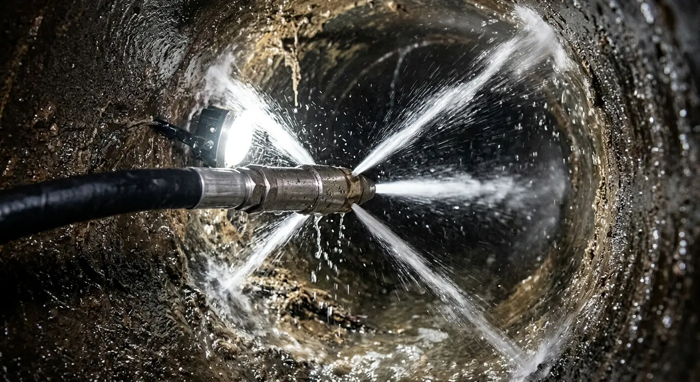 High-pressure hydro jetting nozzle cleaning sewer pipe for Sewer Line Relining in Tuttle