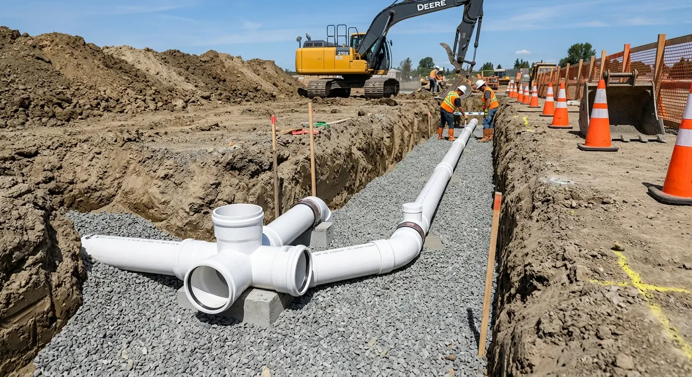 New PVC sewer pipe installation in open trench for Grease Trap Cleaning in Tuttle