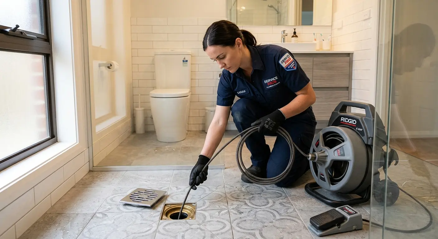 Technician clearing a bathroom floor drain for Sewer Line Installation in Tuttle